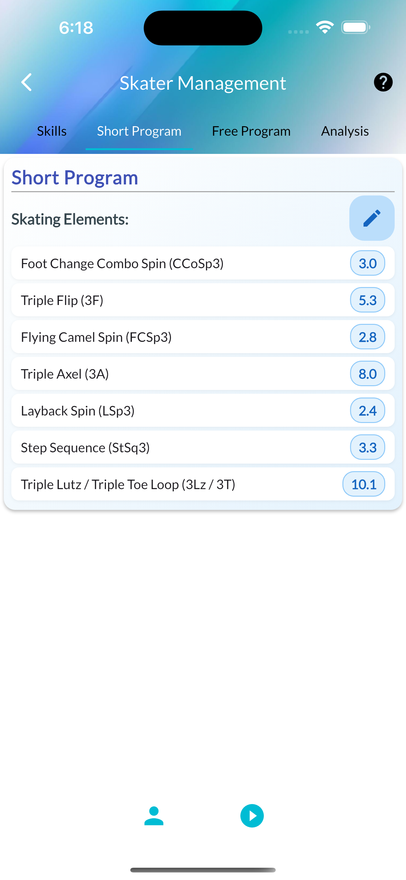 Program editor showing element selection with Short Program and Free Skate layout