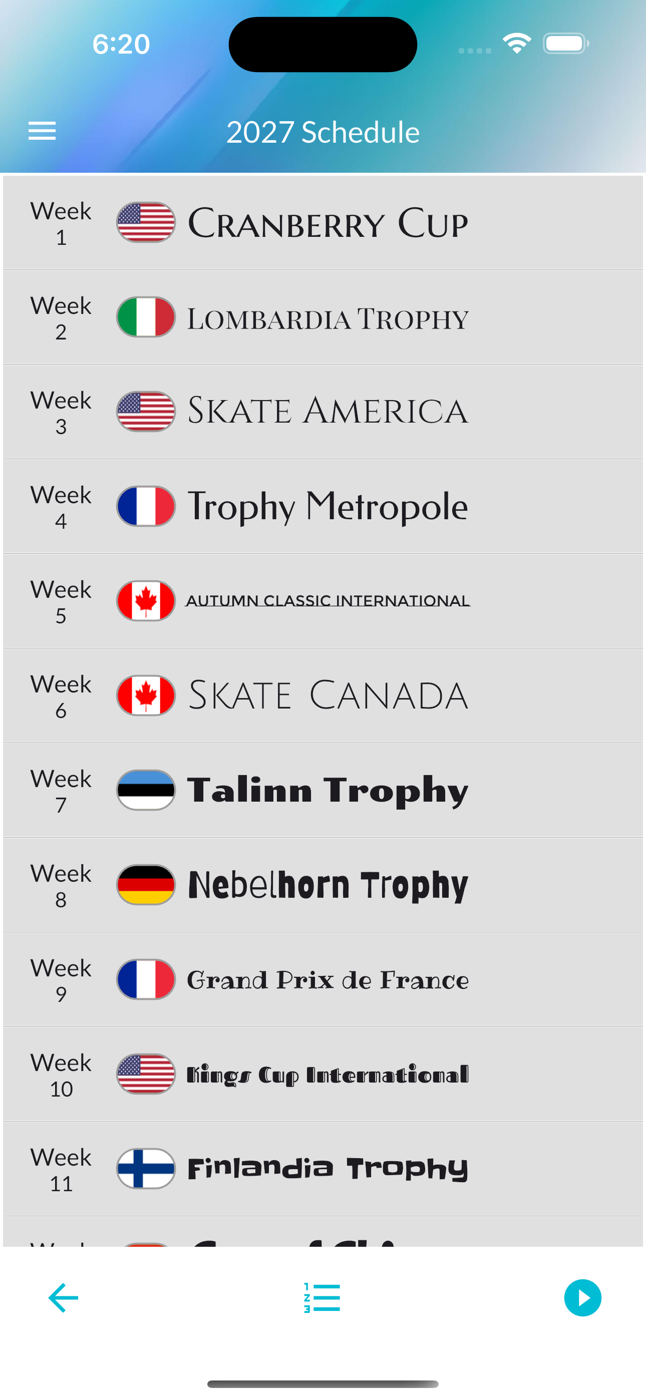 Season schedule showing multiple events and weeks