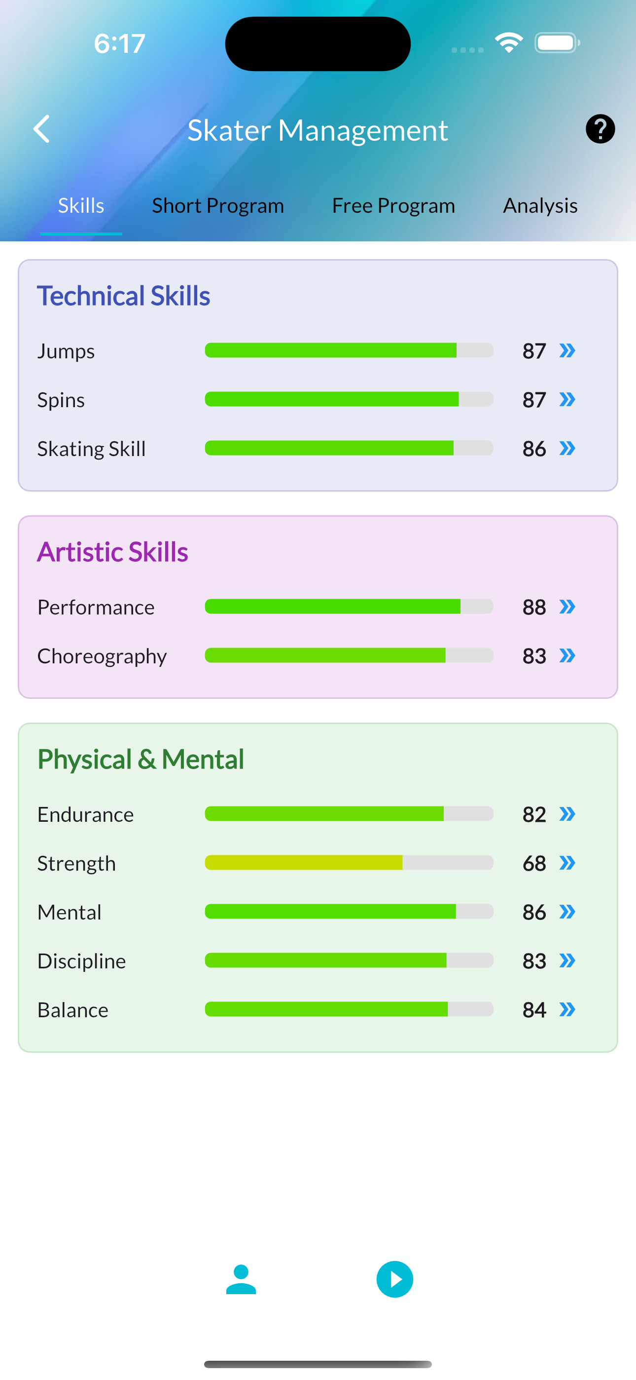 Skater detail screen showing 10 skill bars with training options